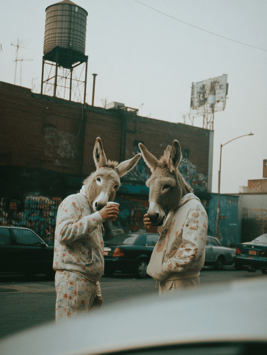 Two figures in donkey masks holding coffee on a Greenpoint street