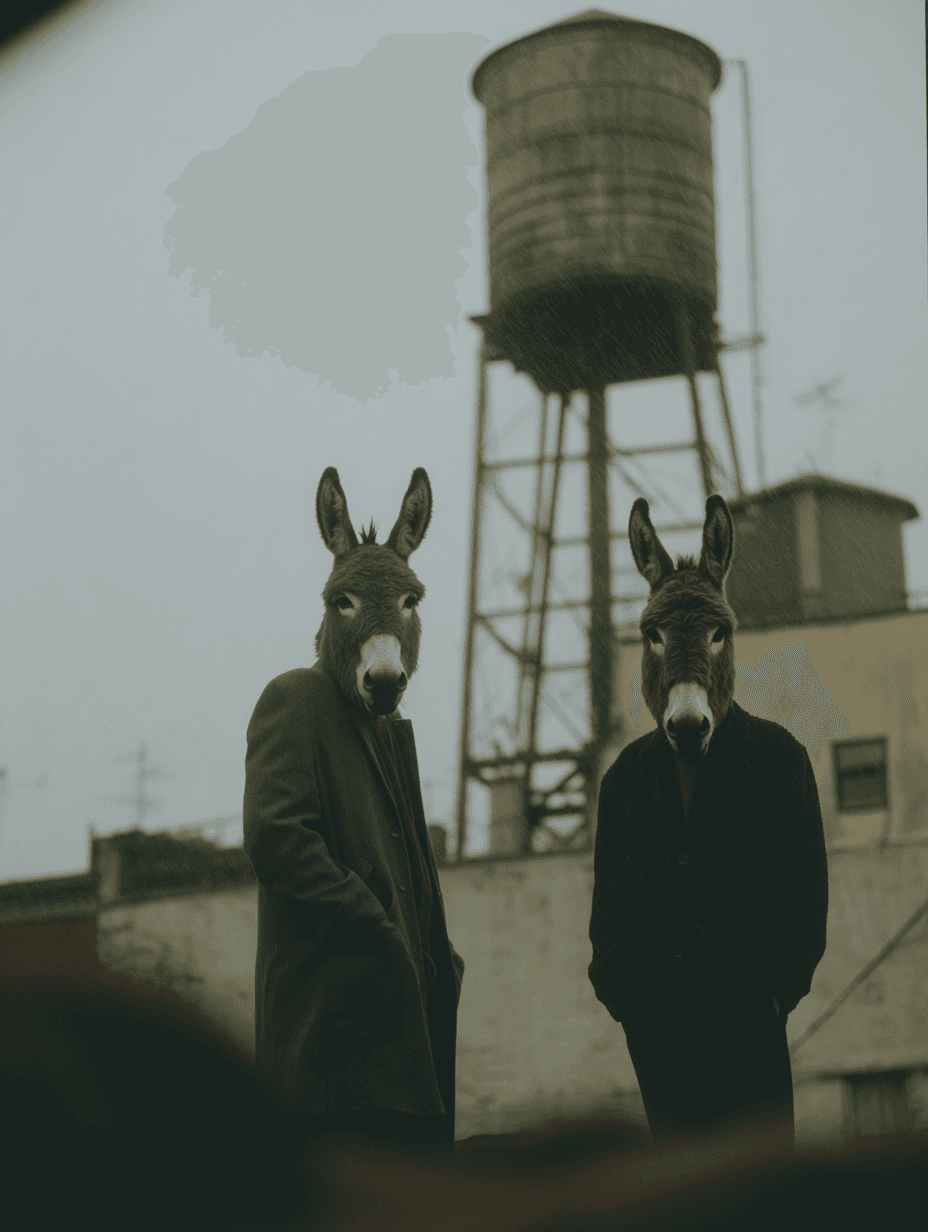 Two donkey-headed figures standing in front of a Greenpoint water tower
