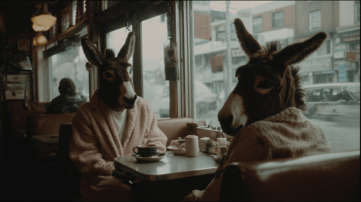 Two donkey-headed figures in 1970s club outfits at a diner